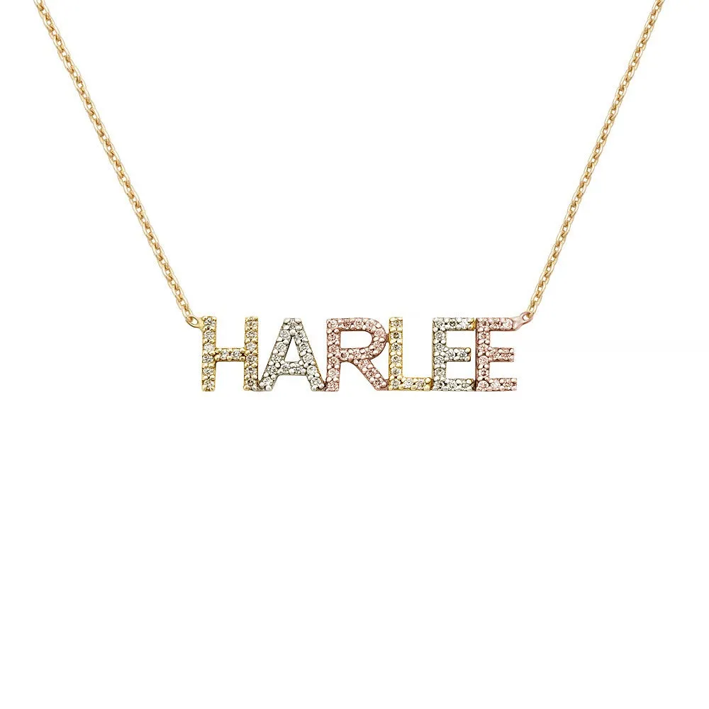 14k Tri Color Block Letter Necklace