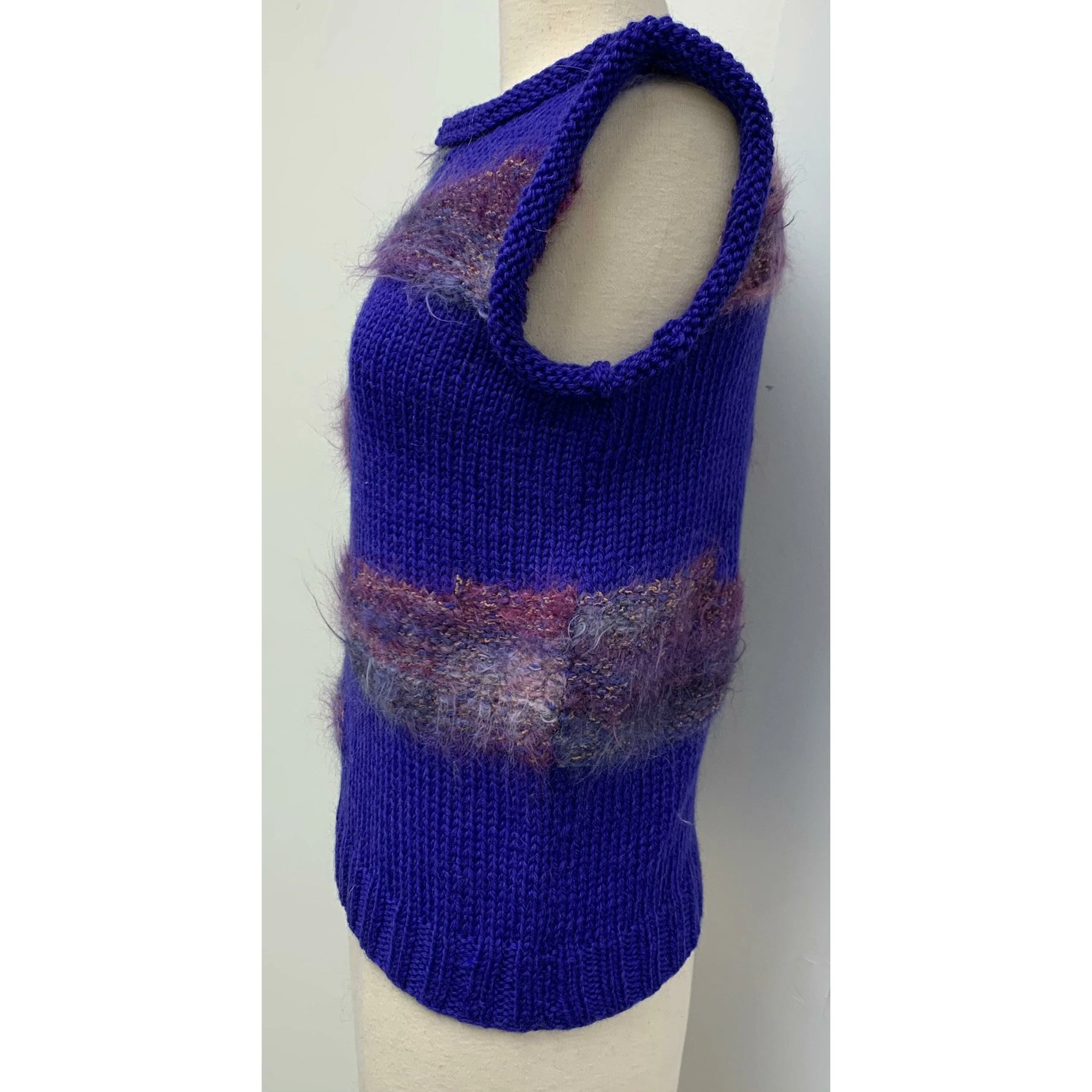 1980s pullover sweater vest designed  by Anny Blatt. The yarns are all French and Italian. Hand knit and never worn. Wool and Mohair. SMALL