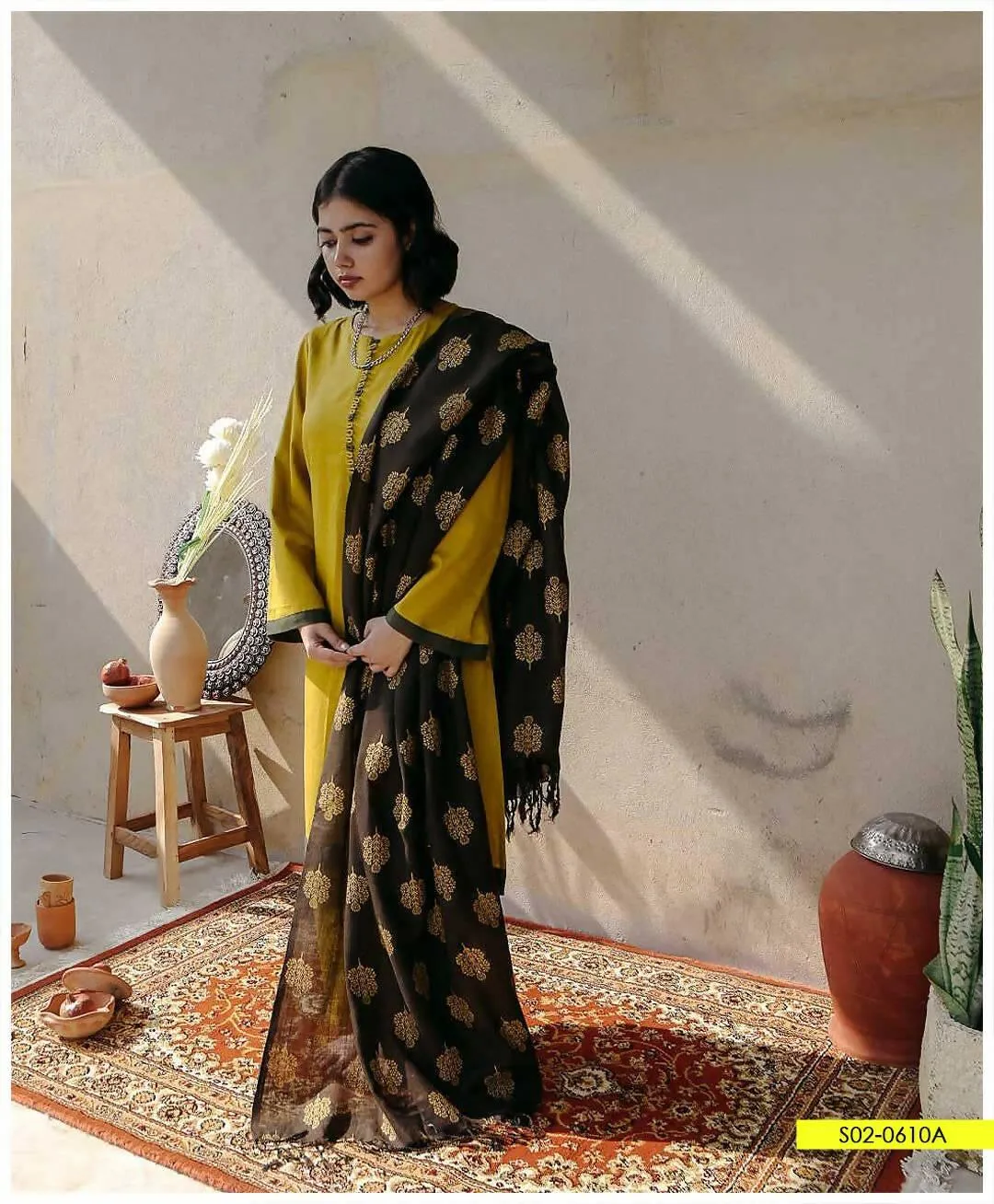 3 PC Slub Marina Shirt & Trouser With Acrylic Wool Dupatta