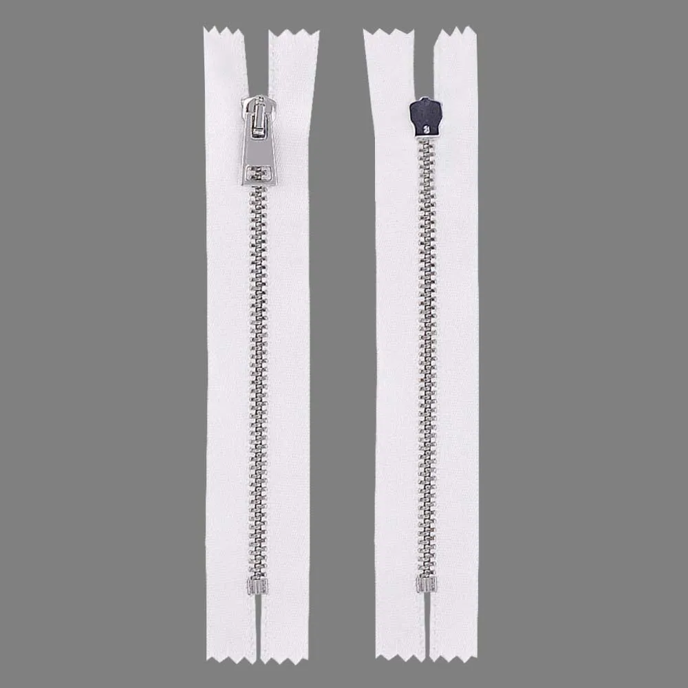 #3 Silver with White Glossy Soft Shiny White Satin Tape Zipper