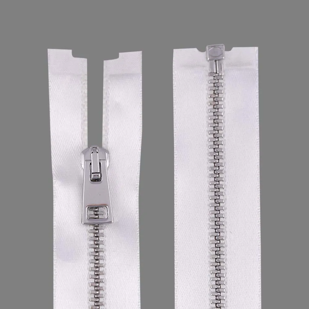 #3 Silver with White Glossy Soft Shiny White Satin Tape Zipper