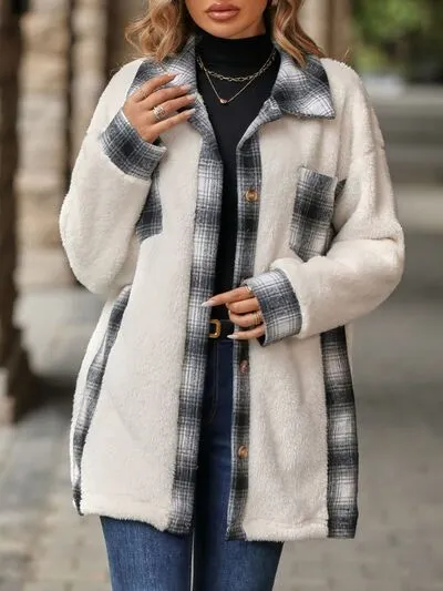 5 Plaid Teddy Color Block Shacket Coat