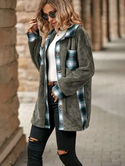 5 Plaid Teddy Color Block Shacket Coat