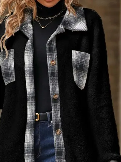 5 Plaid Teddy Color Block Shacket Coat