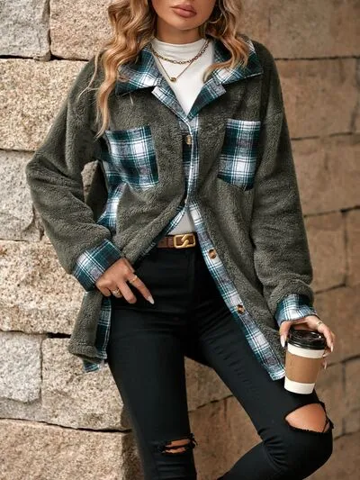 5 Plaid Teddy Color Block Shacket Coat