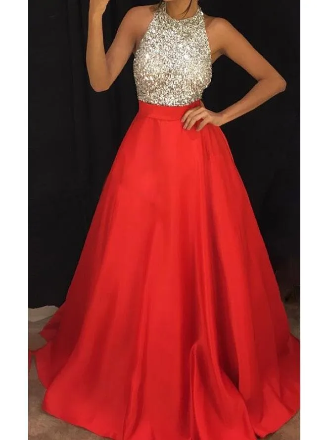 A-line Halter Neck Beaded Bodice Red Satin Long Prom Dresses APD2852