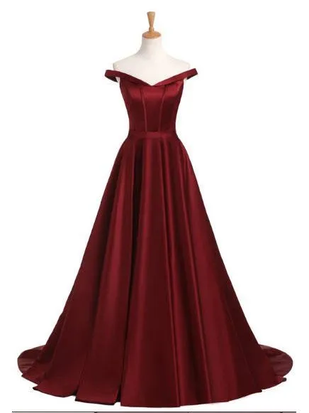 A-line Off-Shoulder Sweep Train Satin Burgundy Prom Dress 3111