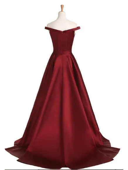 A-line Off-Shoulder Sweep Train Satin Burgundy Prom Dress 3111