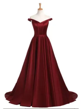 A-line Off-Shoulder Sweep Train Satin Burgundy Prom Dress 3111