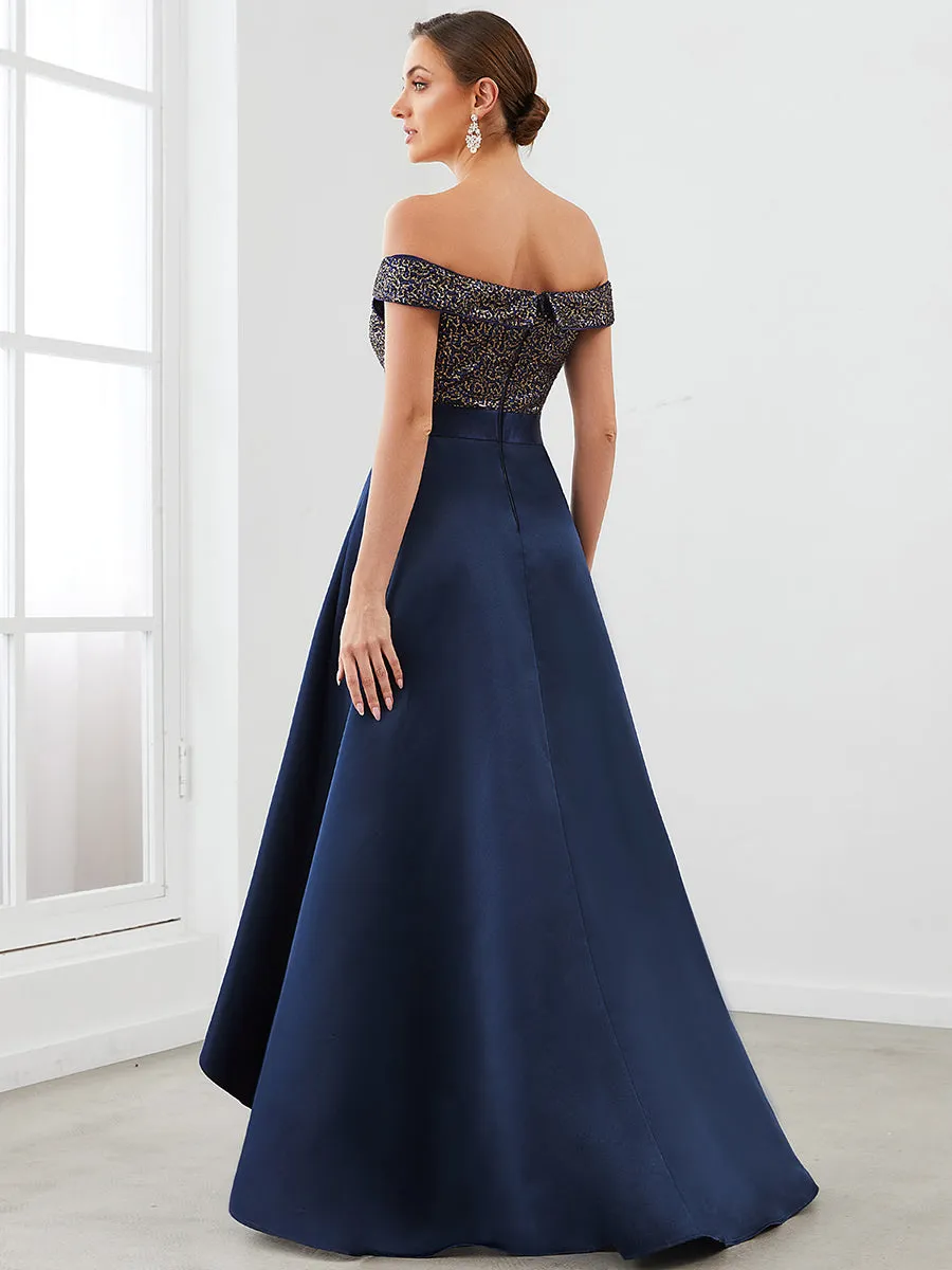 A Line Off Shoulder Wholesale Evening Dresses with Asymmetrical Hem