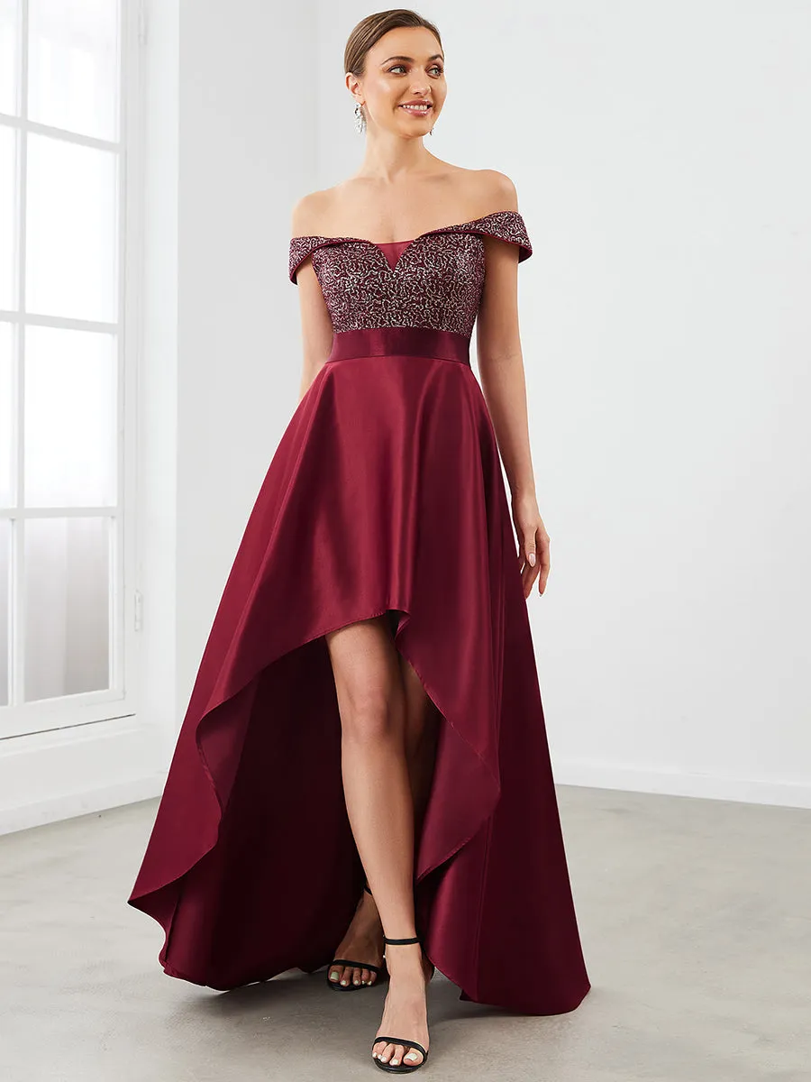 A Line Off Shoulder Wholesale Evening Dresses with Asymmetrical Hem