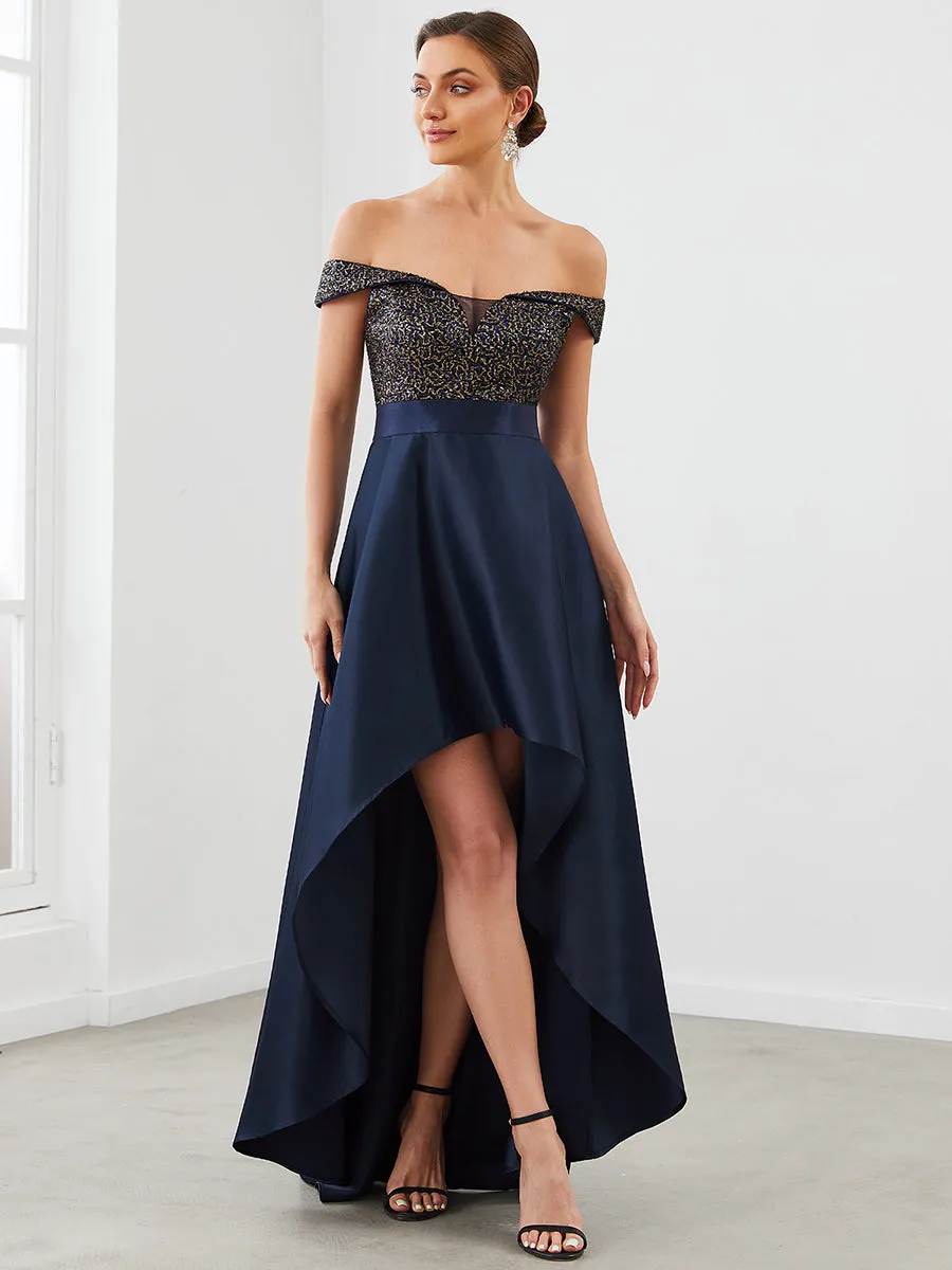 A Line Off Shoulder Wholesale Evening Dresses with Asymmetrical Hem