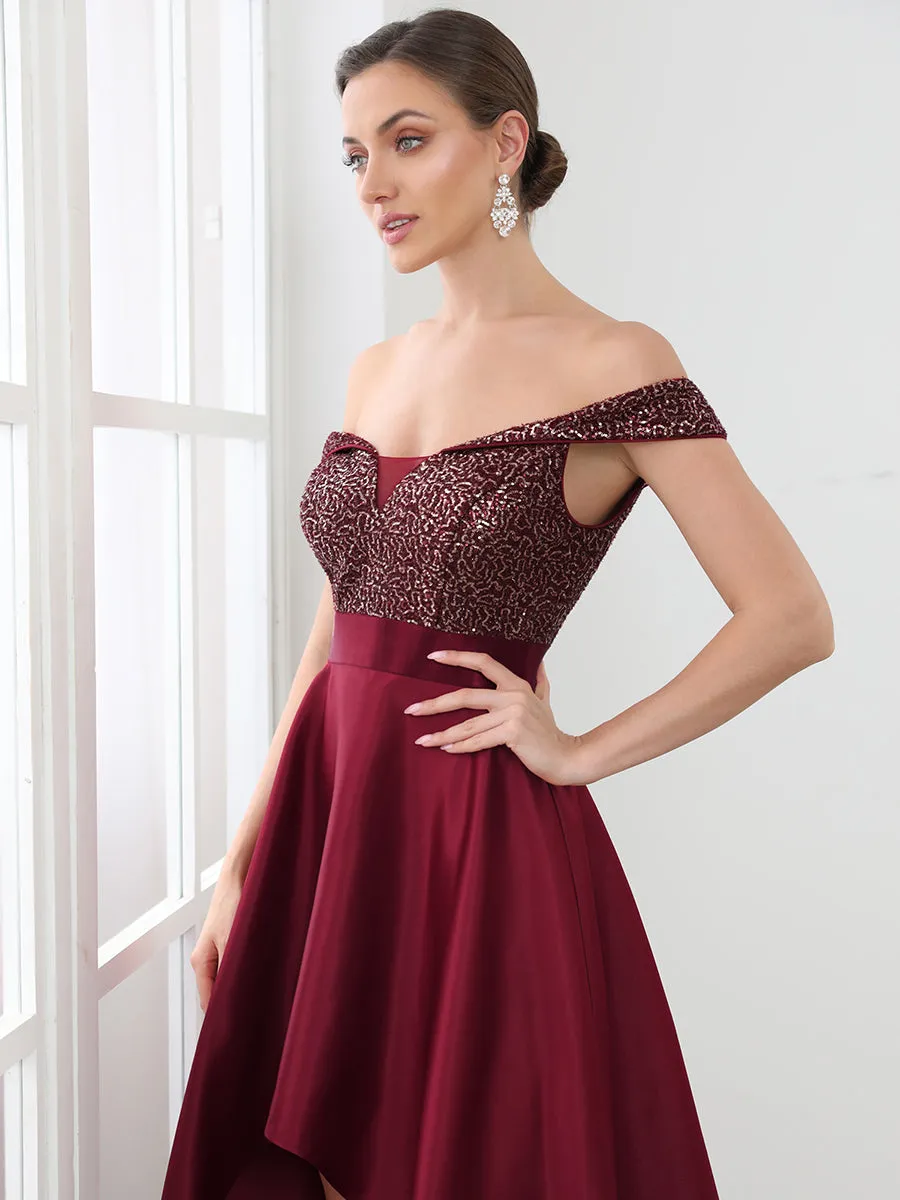 A Line Off Shoulder Wholesale Evening Dresses with Asymmetrical Hem