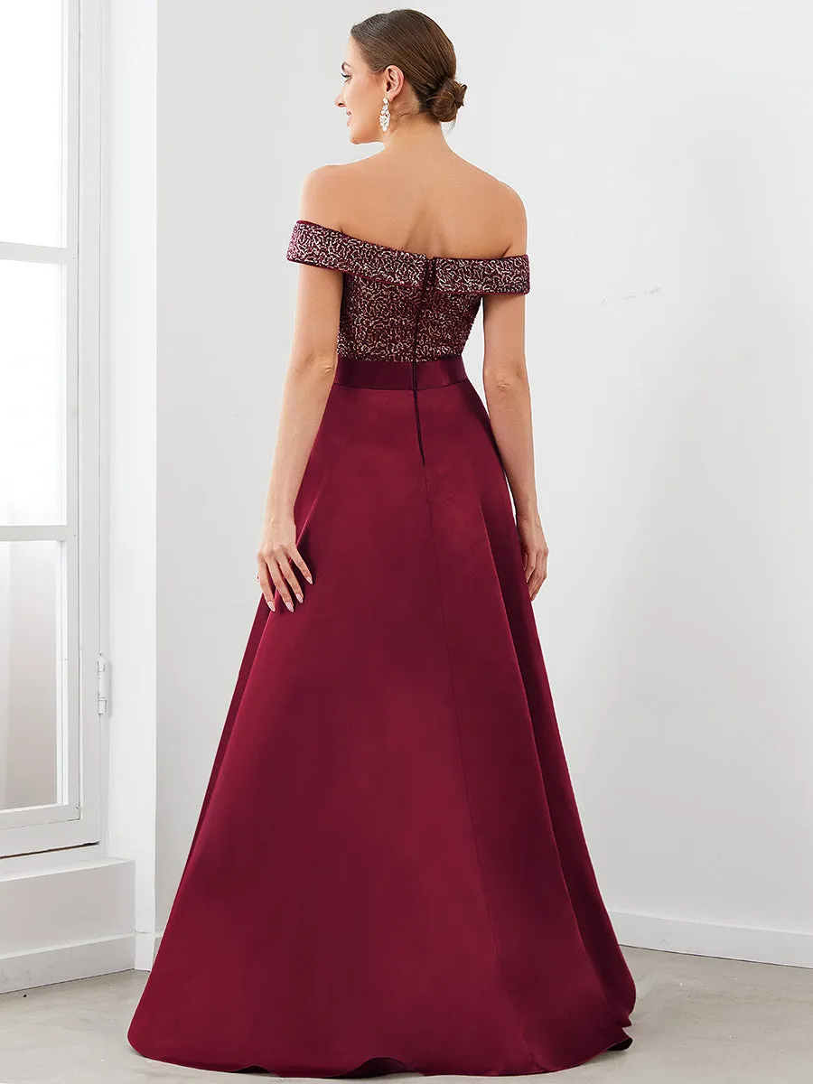 A Line Off Shoulder Wholesale Evening Dresses with Asymmetrical Hem