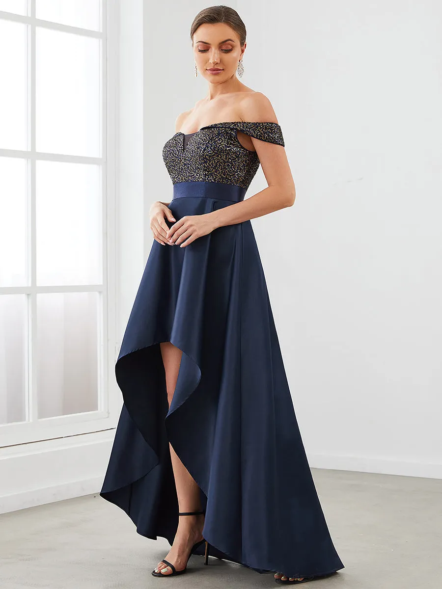 A Line Off Shoulder Wholesale Evening Dresses with Asymmetrical Hem