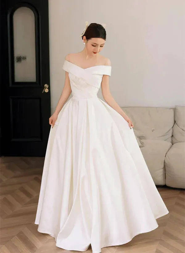 A-Line Princess White Off Shoulder Simple Satin Wedding Party Dress Prom Dress