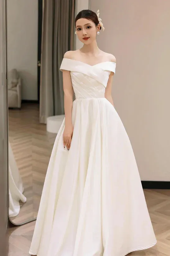 A-Line Princess White Off Shoulder Simple Satin Wedding Party Dress Prom Dress