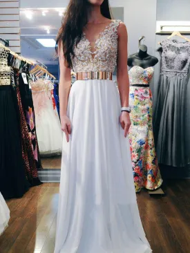 A Line Round Neck Lace White Chiffon Prom Dress, Wedding Dress, Formal Dresses