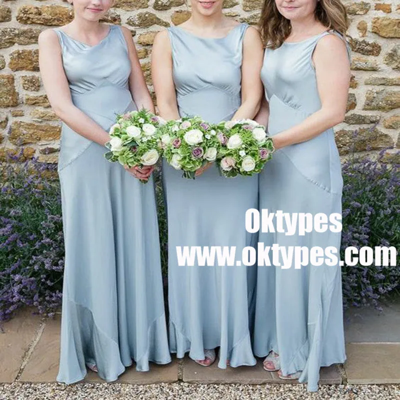 A-Line Round Neck Sleeveless Light Blue Satin Bridesmaid Dress, TYP0955