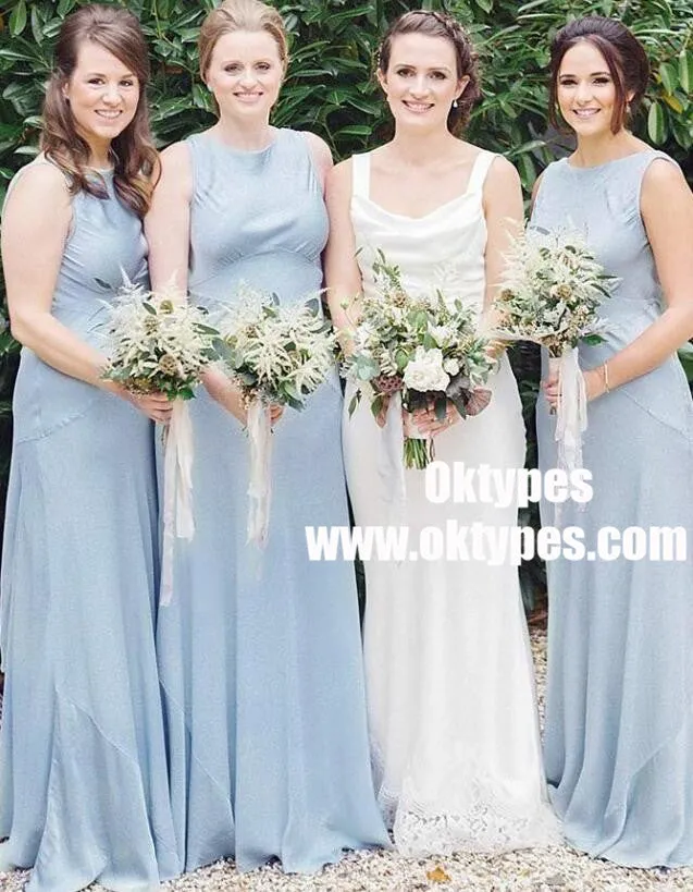 A-Line Round Neck Sleeveless Light Blue Satin Bridesmaid Dress, TYP0955