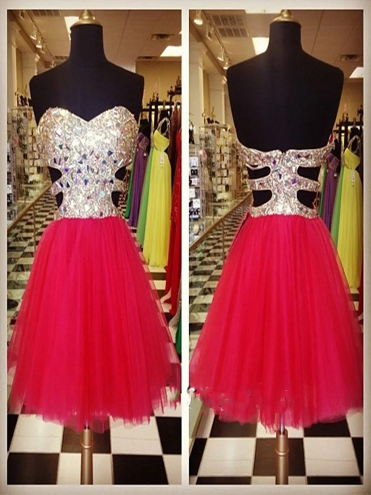 A Line Sweetheart Neck Backless Red Stone Short Prom Dress, Short Formal Dress, Short Red Graduation Dresses, Red Short Homecoming Dresses