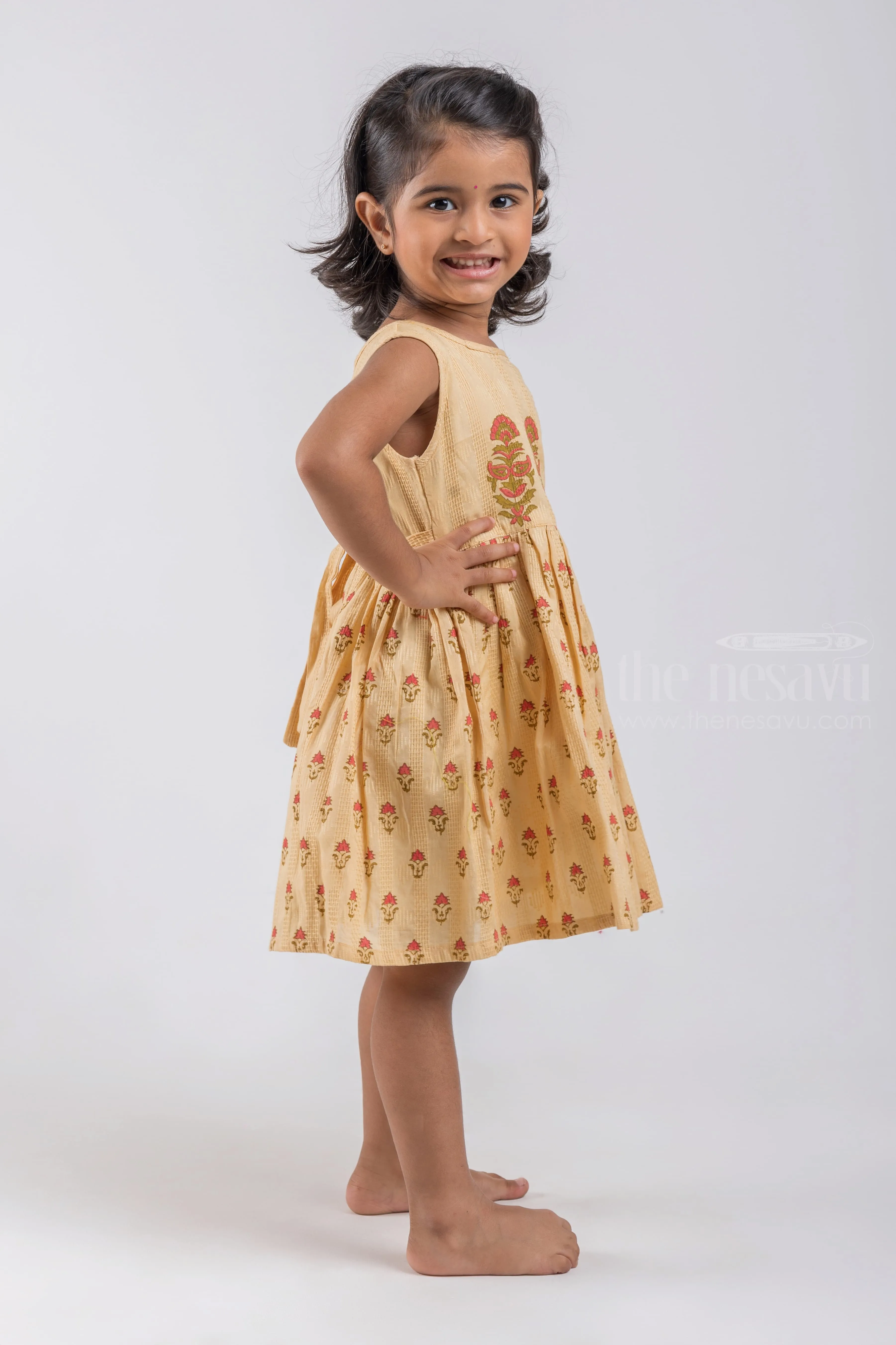 Adorable Beige Hand Block Printed Sleeveless Cotton Frock