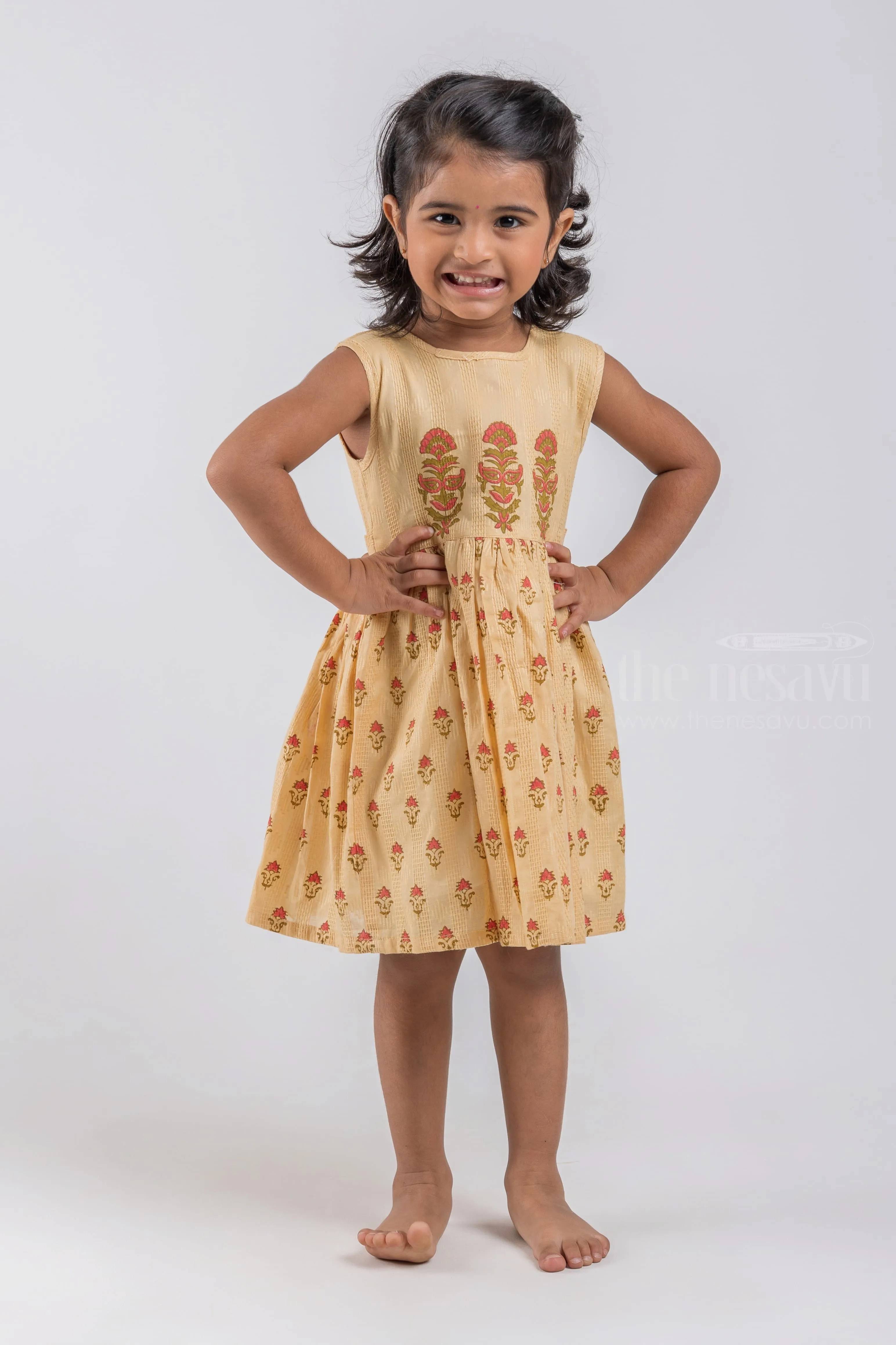 Adorable Beige Hand Block Printed Sleeveless Cotton Frock