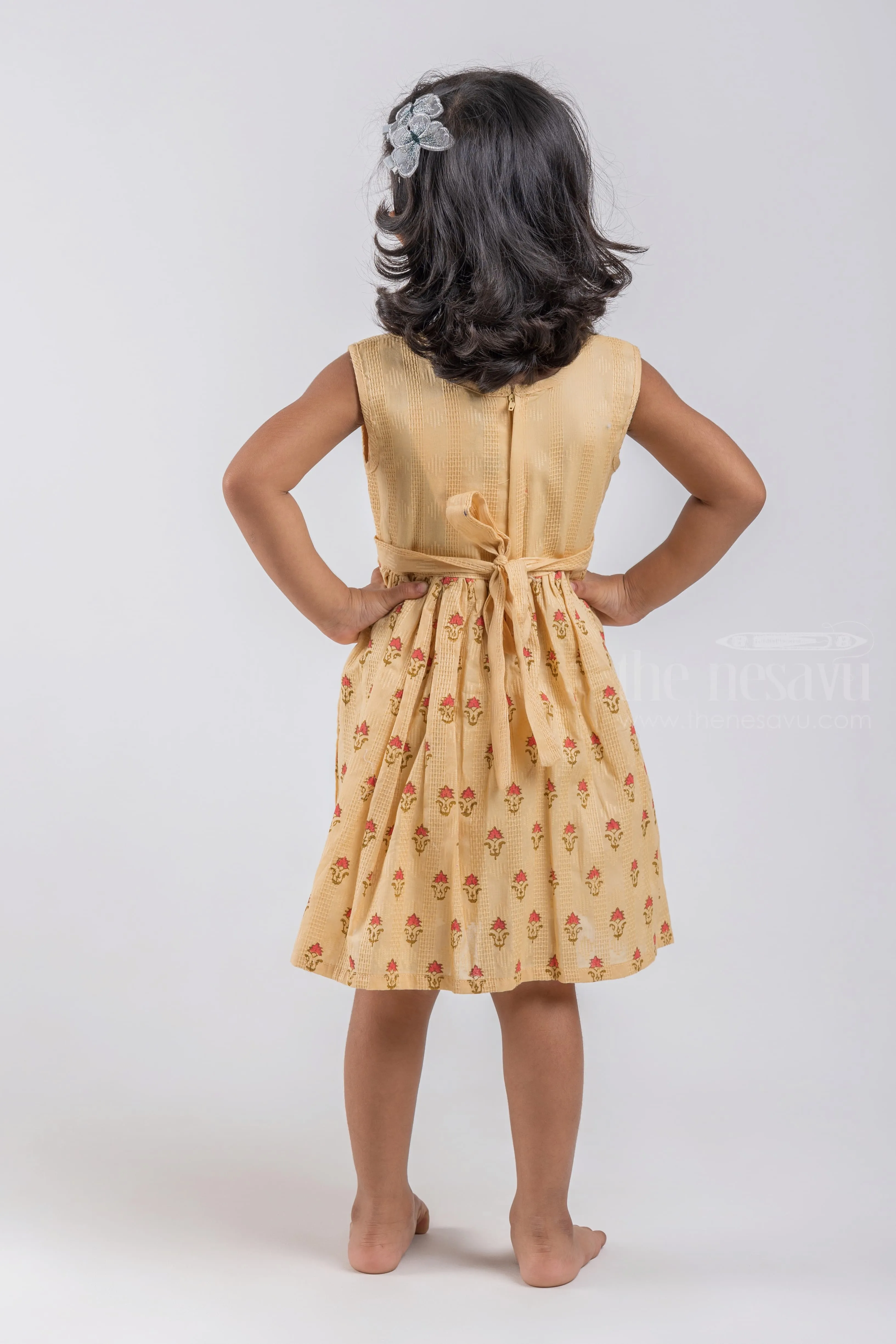 Adorable Beige Hand Block Printed Sleeveless Cotton Frock