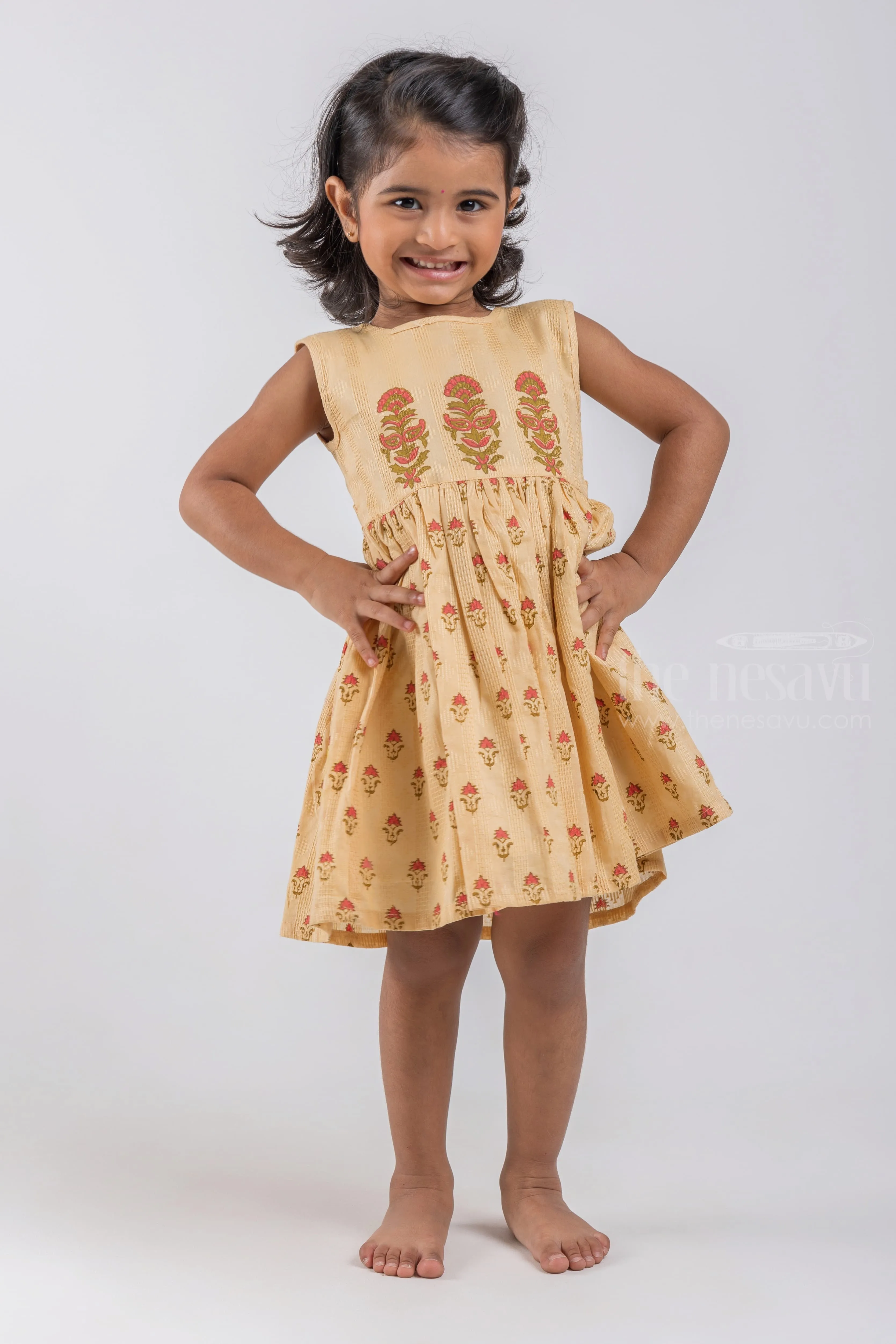 Adorable Beige Hand Block Printed Sleeveless Cotton Frock