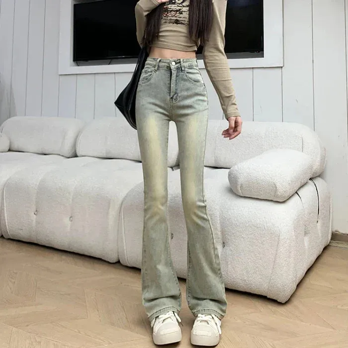 American retro yellow mud dye micro-ram female spring new High-waisted Elastic Slim versatile Flare Jeans