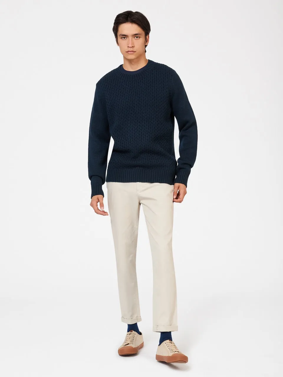 Aran Textured Knit Crewneck Sweater