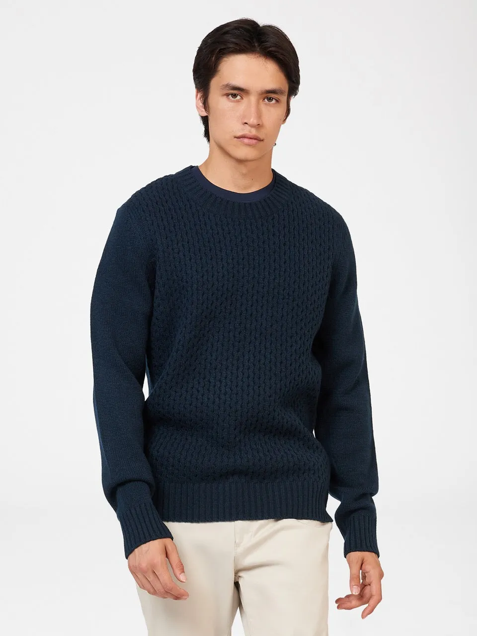 Aran Textured Knit Crewneck Sweater