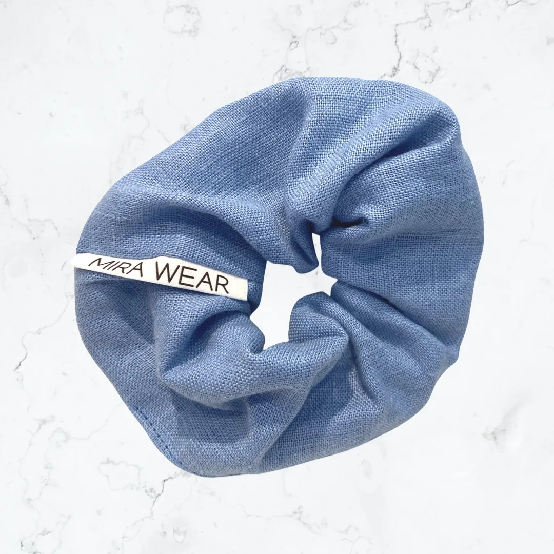 Azzuro Blue Linen Branded Scrunchie