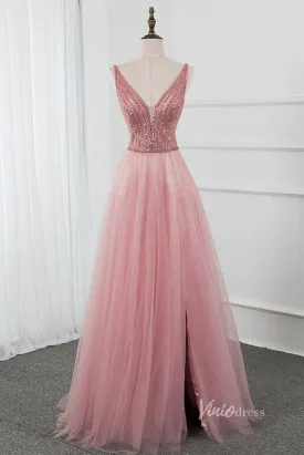 Beaded V-neck Tulle Prom Dress with Slit Pink Formal Dress FD2806