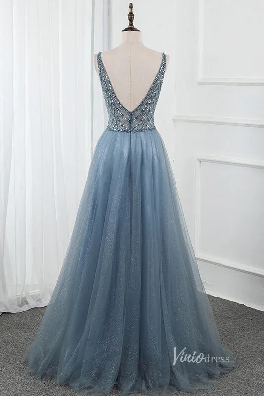 Beaded V-neck Tulle Prom Dress with Slit Pink Formal Dress FD2806