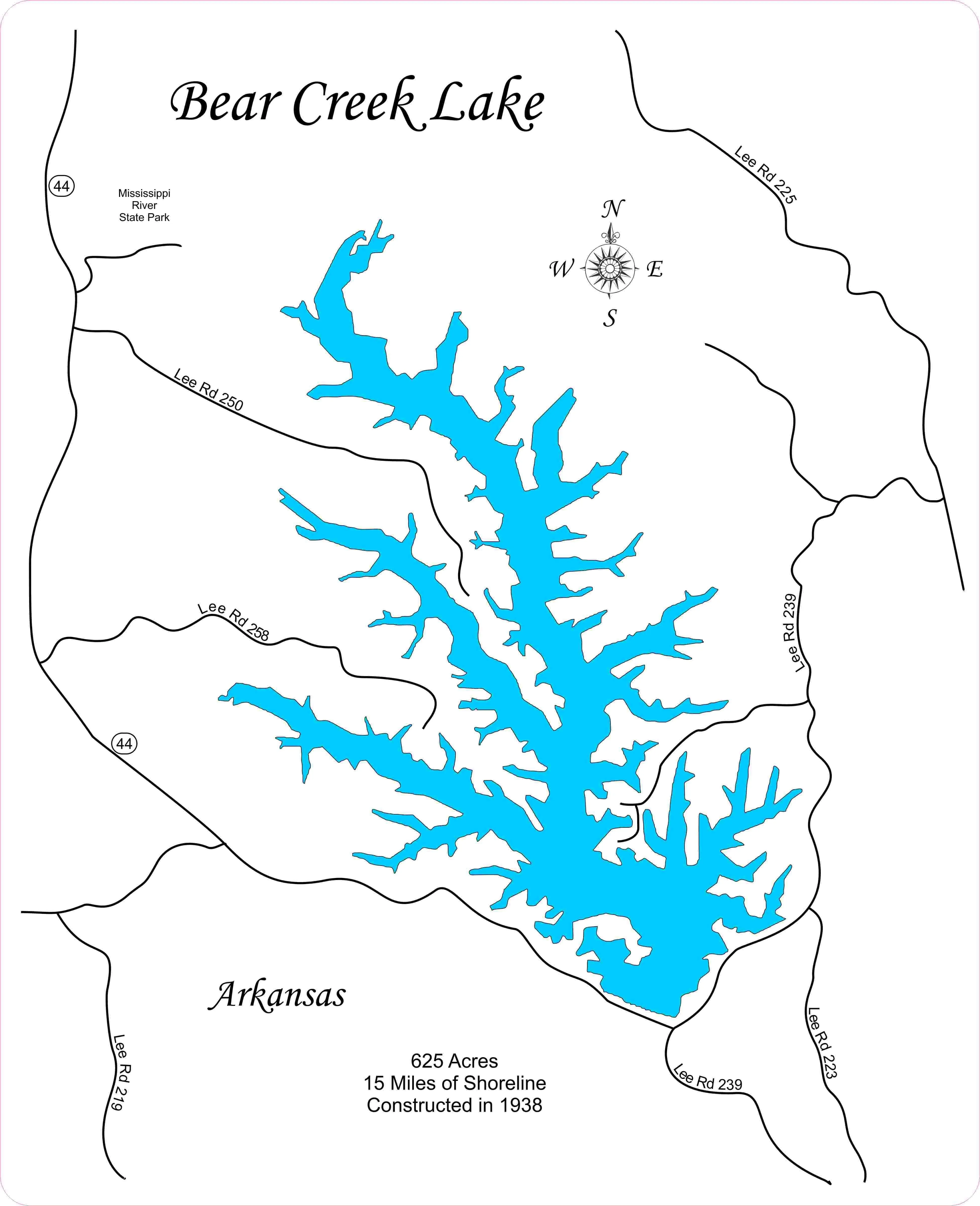 Bear Creek Lake, Arkansas - Laser Cut Wood Map