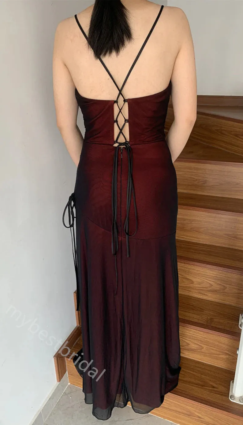 Black and Red V-neck Sleeveless Sheath Floor Length Prom Dress,PDS11596