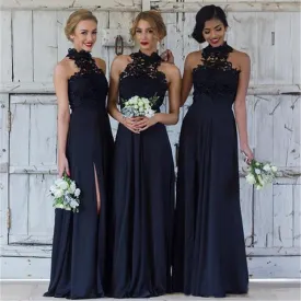 black bridesmaid dresses long lace appliqué halter chiffon vintage wedding party dresses 2020