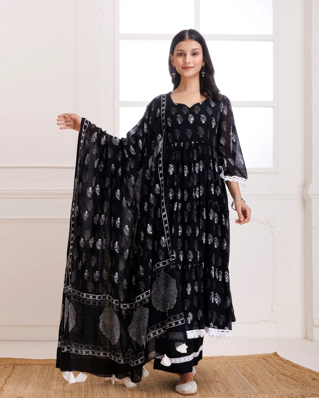 Black Handblock Printed Anarkali Suit Set