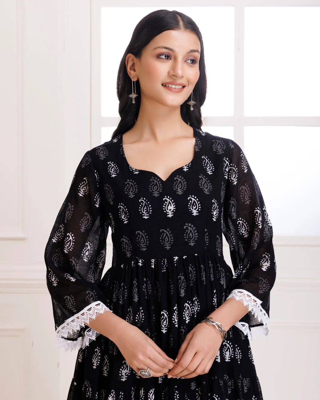 Black Handblock Printed Anarkali Suit Set