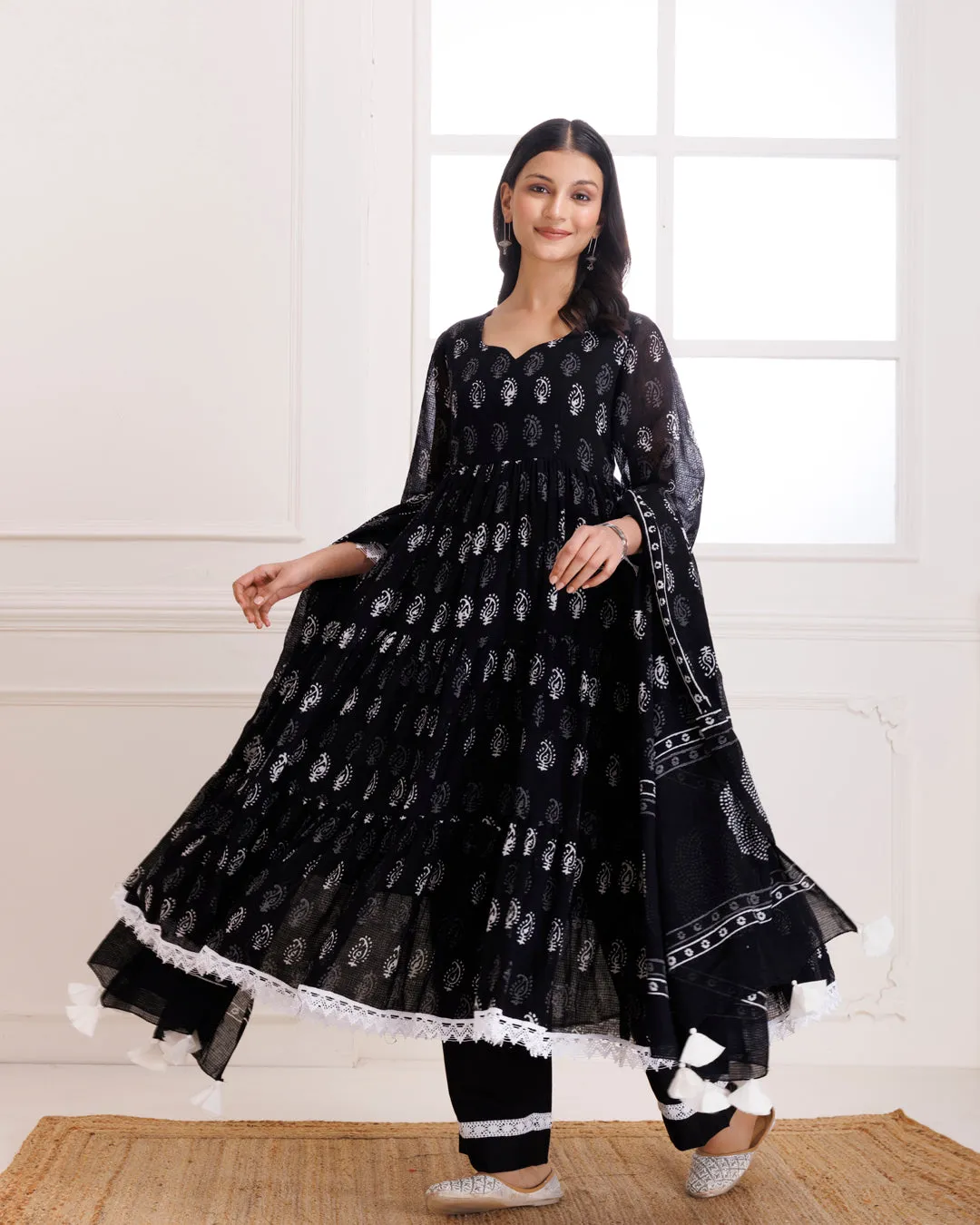 Black Handblock Printed Anarkali Suit Set