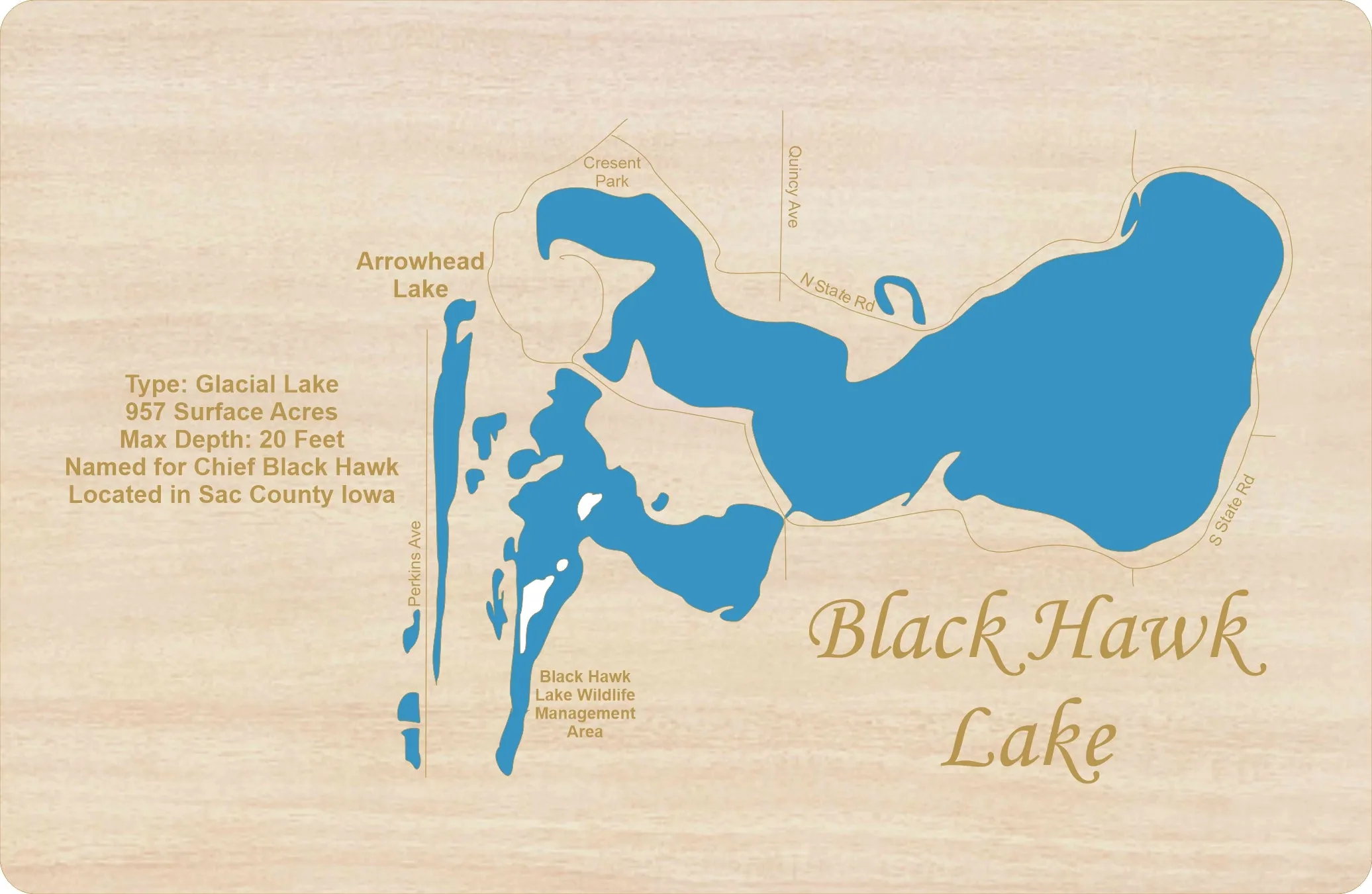 Black Hawk Lake, IA - Laser Cut Wood Map