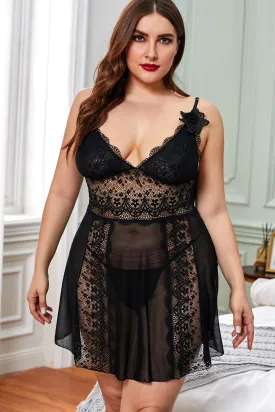 Black Hollow Out Lace Plus Size Babydoll