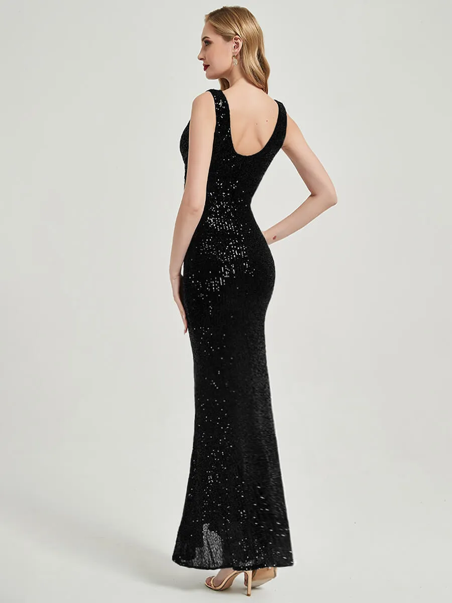 Black Sequin Sleeveless Sheer V-Neck Floor Length Mermaid Formal Gown