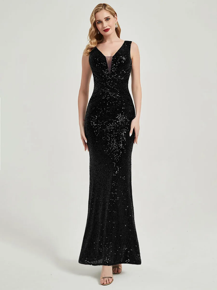 Black Sequin Sleeveless Sheer V-Neck Floor Length Mermaid Formal Gown