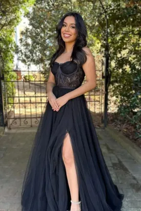 Black Tulle A-line Sweetheart Neck Lace Prom Dresses, Evening Dresses, SP913