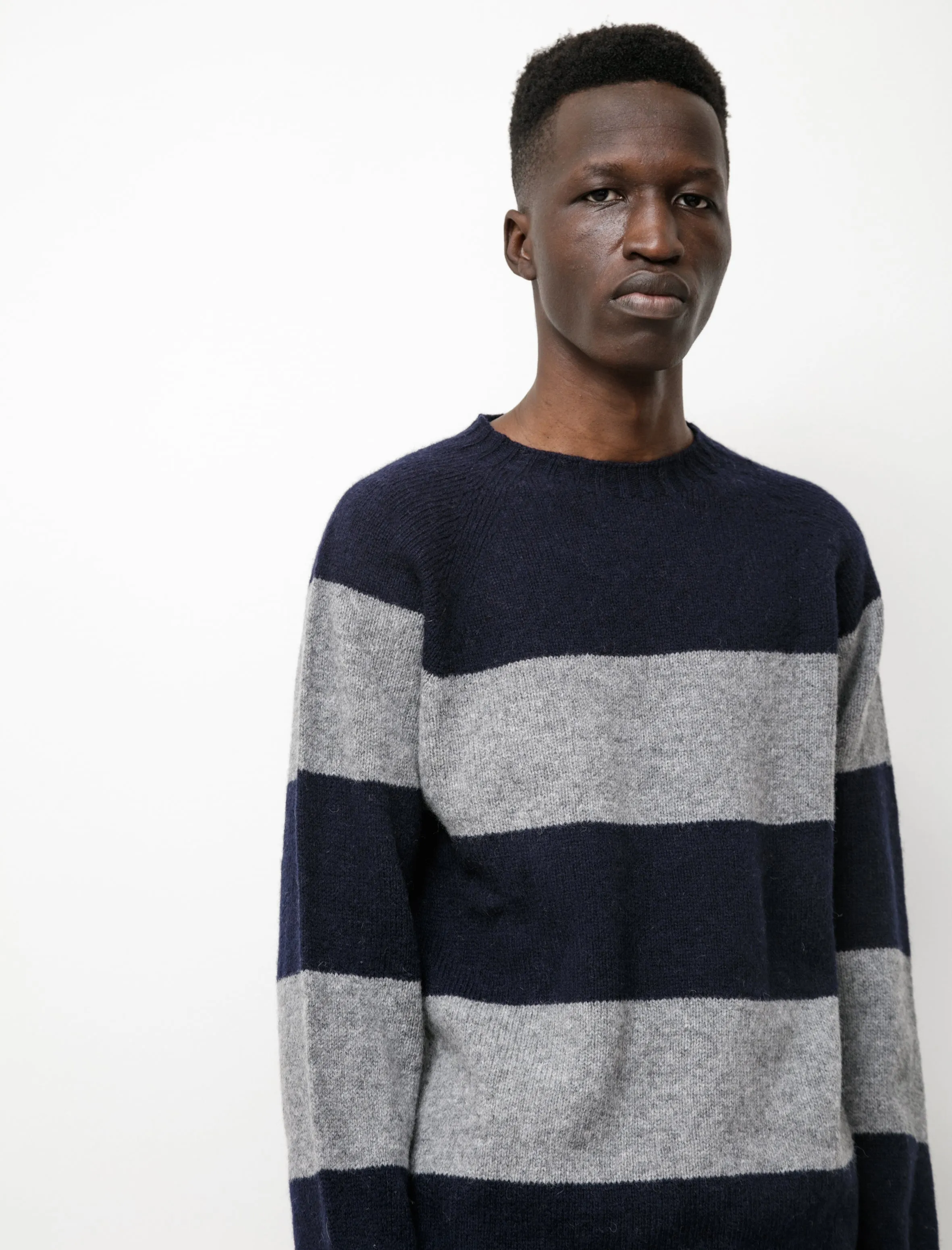 Block Stripe Shetland Sweater New Navy Grey