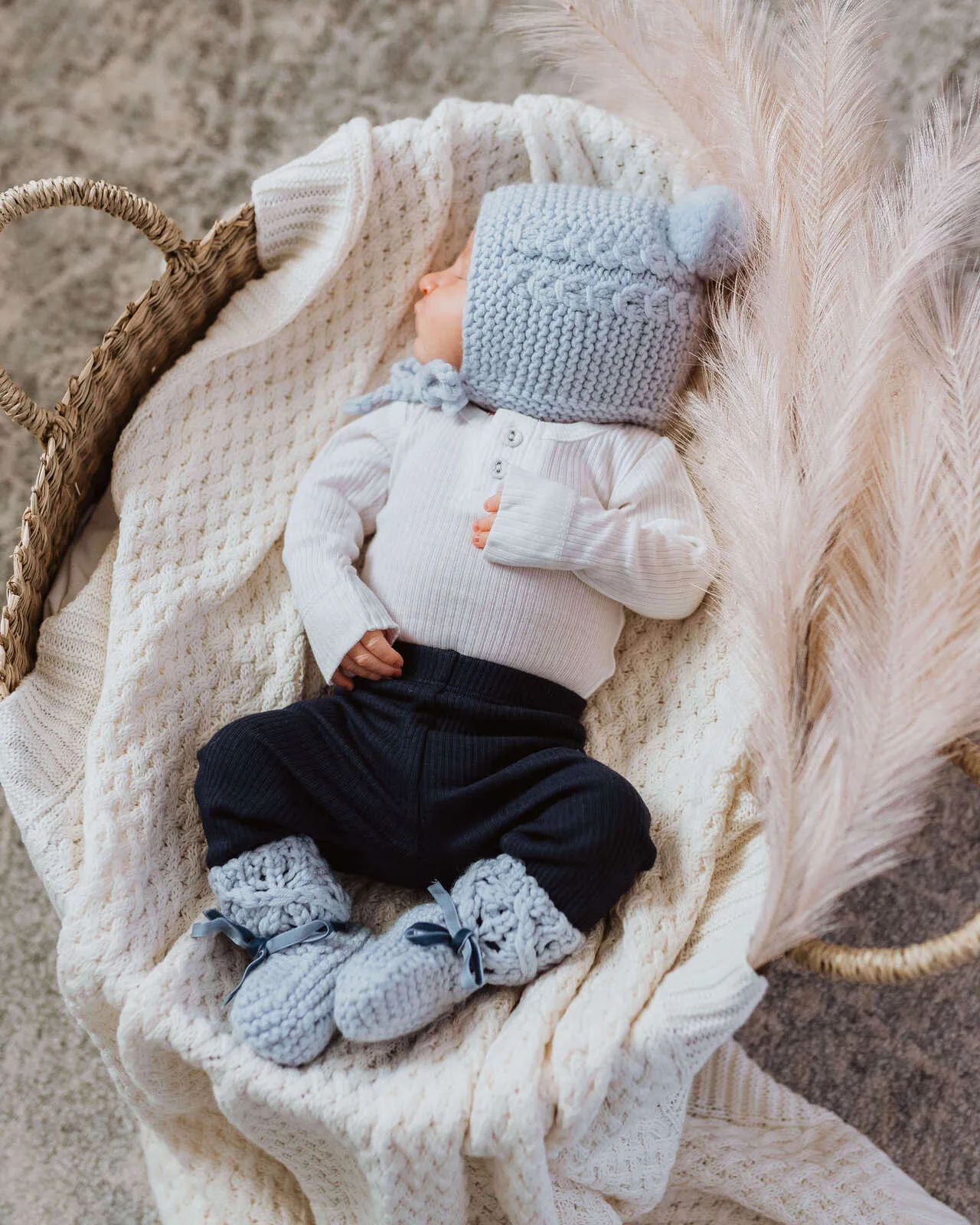 Blue Merino Wool Bonnet & Booties