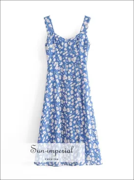 Blue Vintage White Floral Print Midi Dress Wide Cami Strap Dress