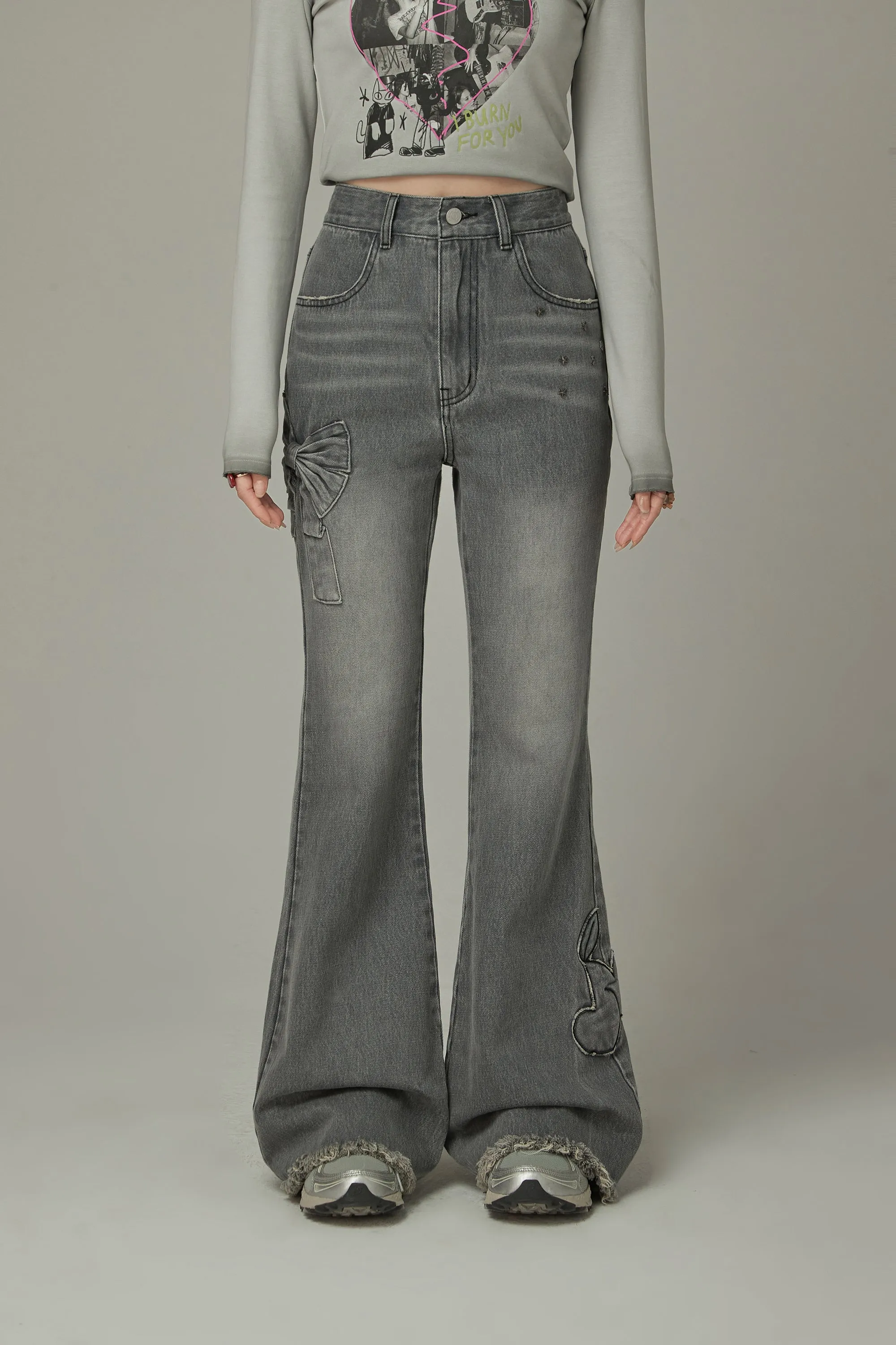 Bow Design Frayed Hem Bootcut Denim Jeans